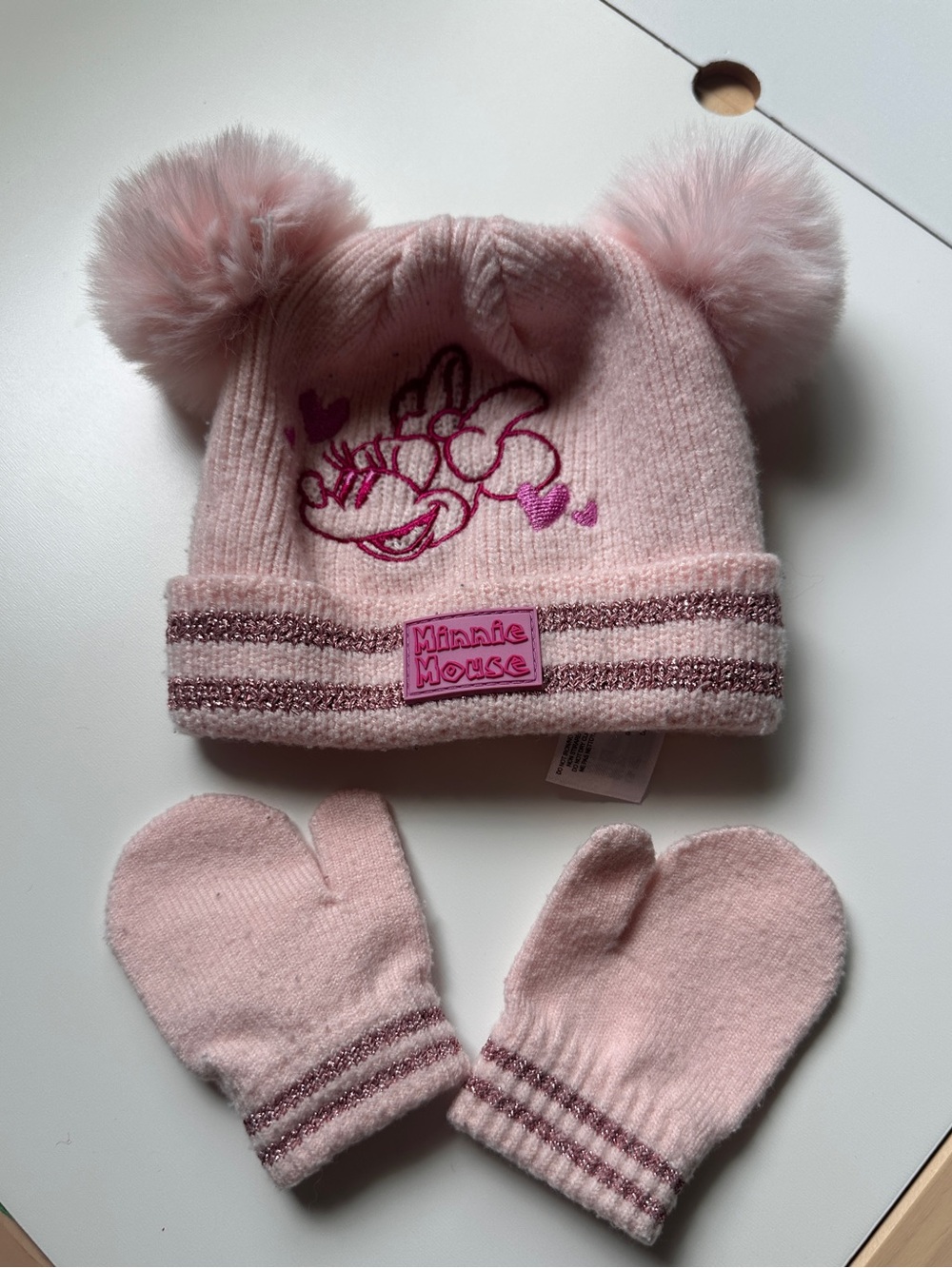 Disney Minnie Mouse Pink Winter Pom Pom Hat and Mittens 6-12m